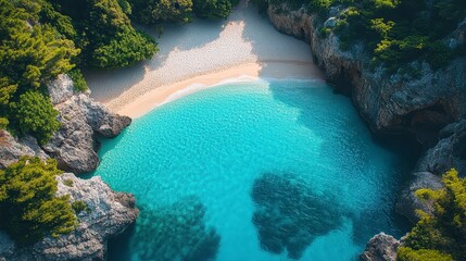 Obraz premium Aerial view of cove with crystal clear turquoise waters and sandy beach