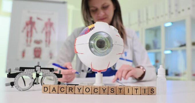 Woman specialist examines model of eye explaining Dacryocystitis on blocks on table. Medical setting with optical equipment and anatomical charts