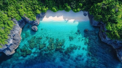 Ocean cove Turquoise water meets sandy beach surrounded by lush greenery