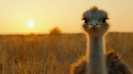 An ostrich stands calmly facing forward during a beautiful sunset