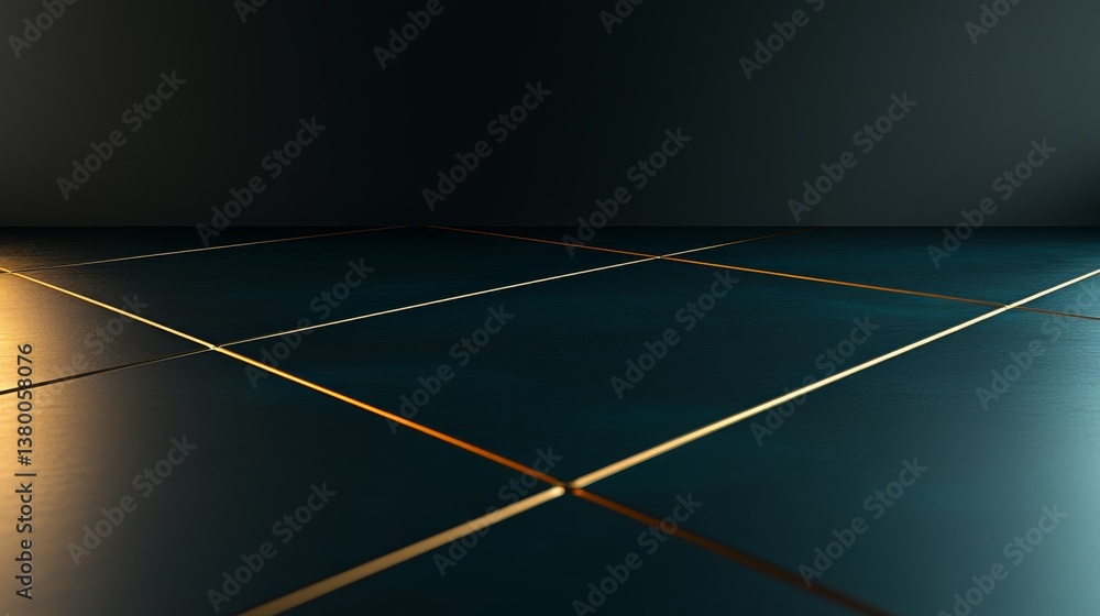 Poster A top-down view showcases glowing teal and gold lines forming a futuristic geometric network on a smooth black surface, with blank space to the left for text
