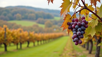 Majestic view of purple grapes dangling from lush vines, contrasting against a serene autumn vineyard landscape with rolling hills and vivid foliage.