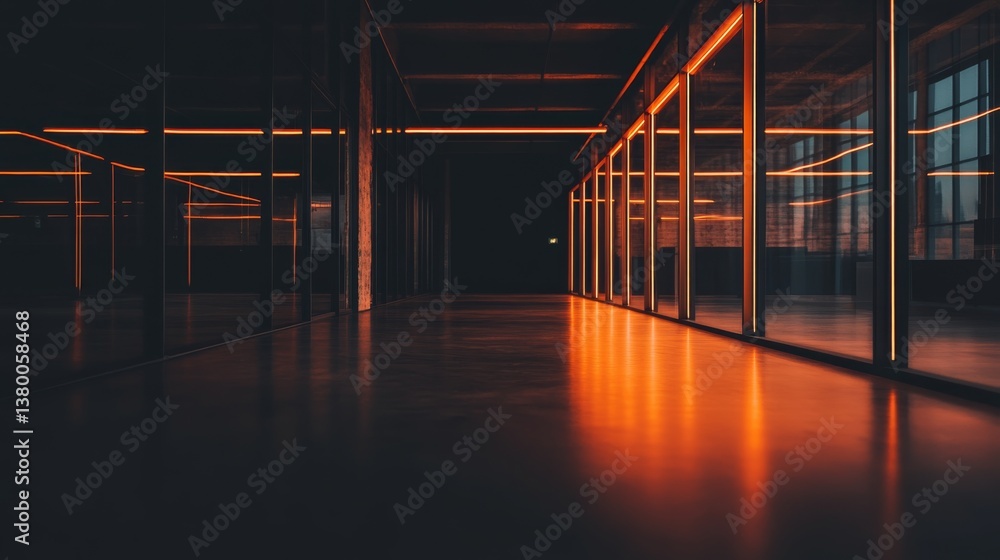 Poster a wide-angle view of a minimalist office corridor featuring glossy red glass doors that reflect ambi