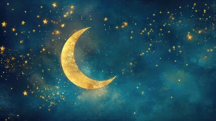 Naklejka premium A whimsical floating crescent moon design surrounded by star clusters glowing in gradients of blue and gold