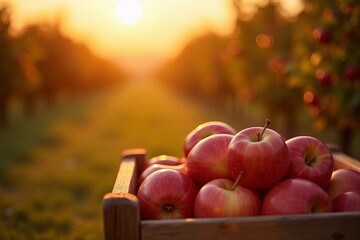 Close-up of ripe apples resting in a wooden crate, illuminated by warm sunlight in a picturesque orchard during harvest season.
