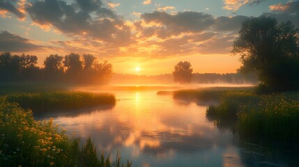 Obraz premium Breathtaking Sunrise in a Lush Riparian Meadow: An Ultra HD Captivation of Warm Light, Extended Shadows, and Delicate Dew on Vibrant Grass in a Flourishing Natural Setting