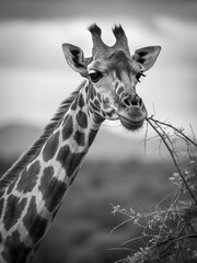 Obraz premium A close-up of a giraffe's head eating leaves in black and white