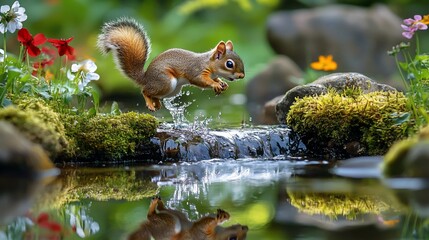Obraz premium Squirrel leaps over stream, reflecting in water surrounded by mossy rocks & flowers