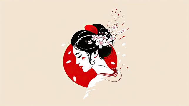 Logo design featuring a geisha with a white flower in her hair and a red cherry blossom on the side of her face, in a vector style with a simple, elegant design