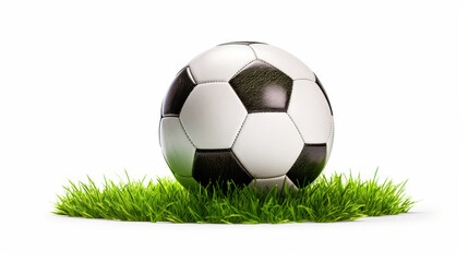 Fototapeta premium A black and white soccer ball sits on a small patch of green grass. The scene is isolated, with a white background emphasizing the ball and grass