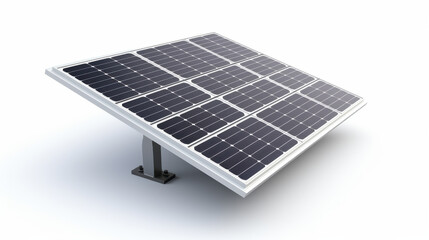 Depicts a single, angled solar panel with multiple cells, mounted on a support structure, shown against a plain white background. It represents renewable energy and sustainability