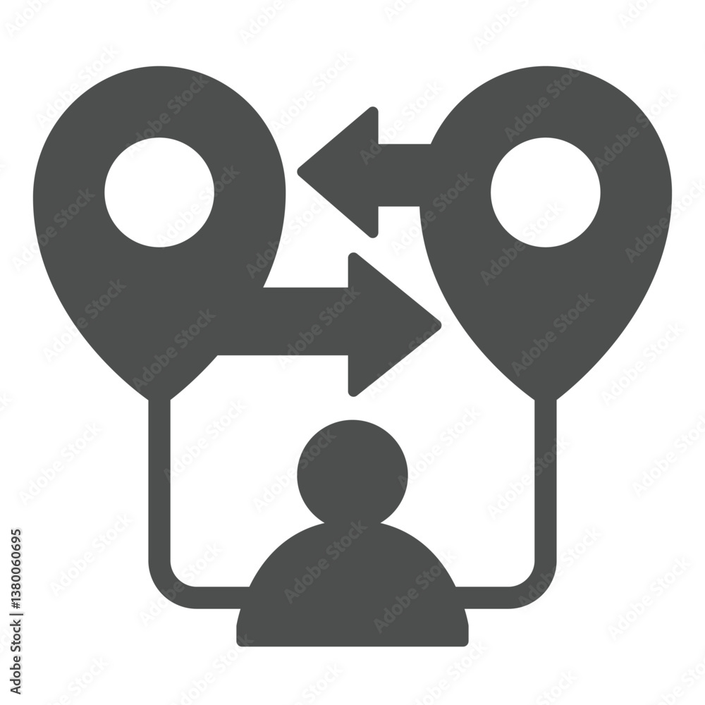 Aufkleber user with map distance solid icon, remote work concept. vector graphics. location pins, arrows and u