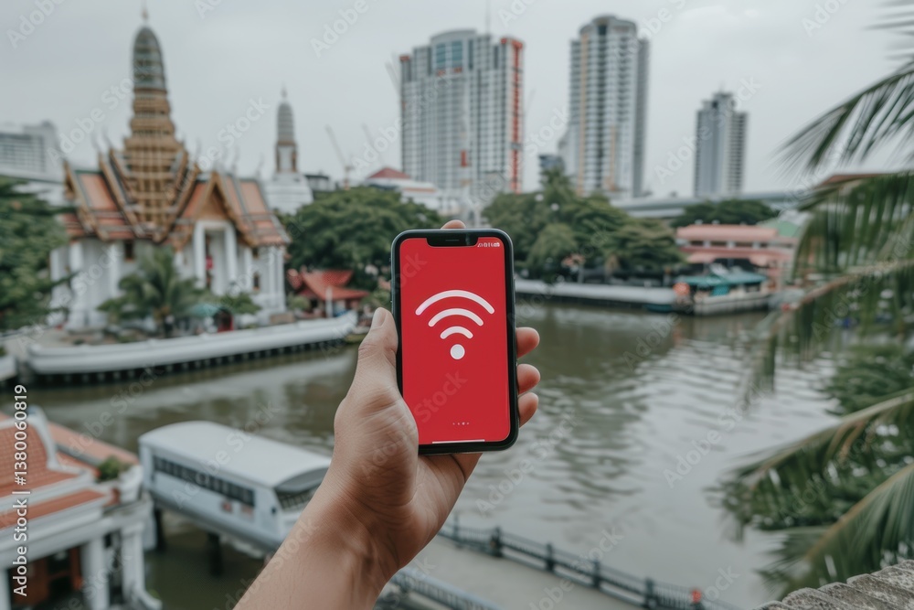 Poster a hand holds a smartphone displaying a red wi-fi symbol, with a cityscape and river in the backgroun