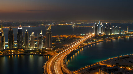 Illuminated Coastal Cityscape with Bridge at Night