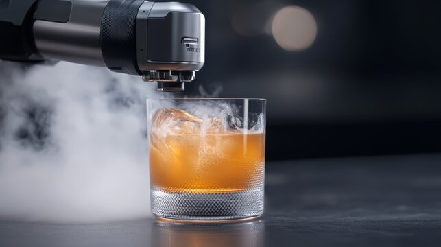 Craft cocktail prepared with innovative technique using fog effects in a modern bar setting