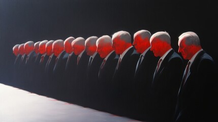 Repetition of figures in dark setting showcasing somber mood and reflection on identity and existence