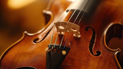 Fototapeta premium The smooth, polished wood of the violin gleams under soft lighting, highlighting the delicate bridge and fine strings in a moment of musical elegance.