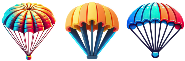 Three stylized parachutes in vibrant colors against a stark black background design