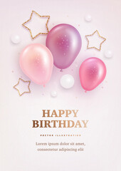 Vector birthday elegant greeting card, banner or party invitation with realistic 3d colorful helium balloons on light background. Vector illustration