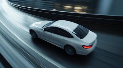 Fast white car navigating a rainy urban highway at night with blurred motion effect and illuminated surroundings