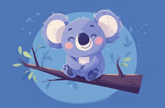 Koala's Calm Corner: A cute, cartoonish koala bear with a joyful smile perches serenely on a tree branch, framed against a whimsical background. 