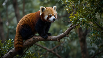 Fototapeta premium Red Panda Resting Amid Lush Greenery