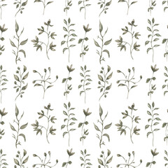 Watercolor greenery seamless pattern, delicate little lflora repeat paper, graphic leaves branch print