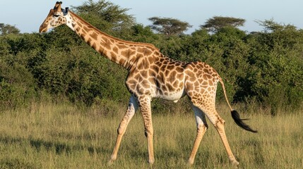 Fototapeta premium A Tall Giraffe Is Walking Through Lush Grassy African Terrain