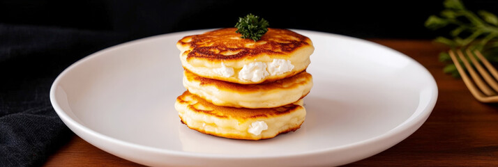 Syrniki with parsley garnish stand out on clean plate, fluffy cheese treats ideal for food brands and morning recipes