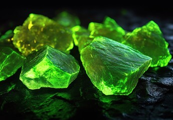Luminous Rocks in Dark: Intricate textures and radiant glow of several luminous rocks, creating an otherworldly visual and vibrant contrast of light and shadow.