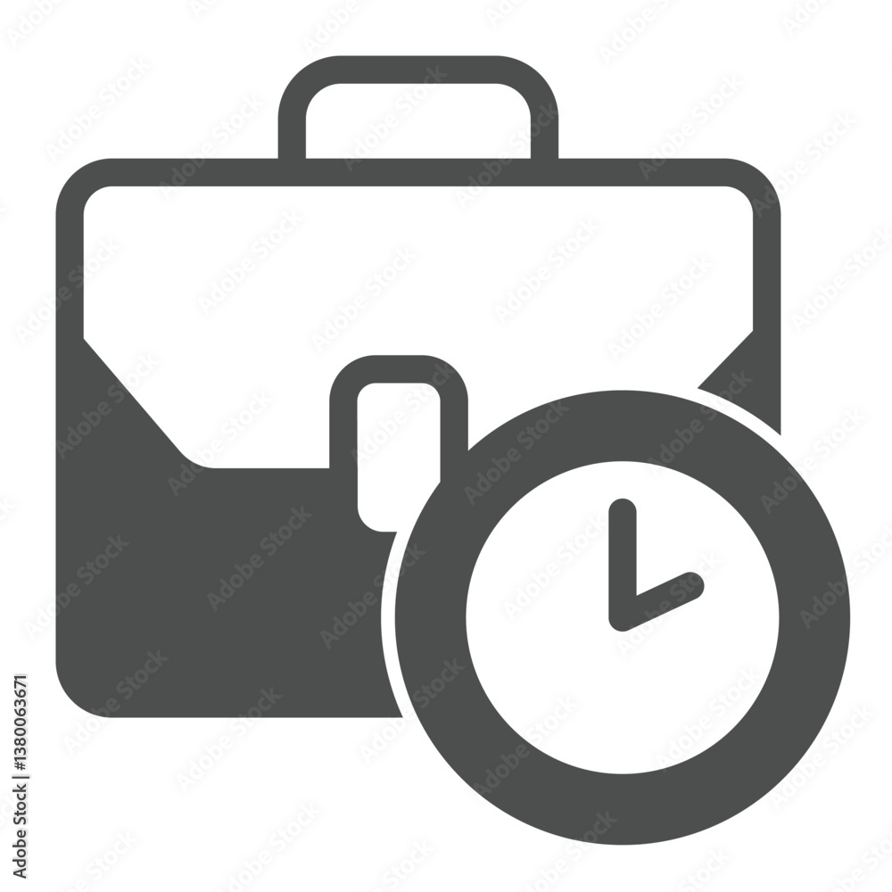 Poster briefcase with clock solid icon, remote work concept. vector graphics. portfolio bag and task schedu