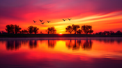 Obraz premium Breathtaking Sunrise Over Serene Lake: A Symbol of Hope, Renewal, and Tranquility in the Dawn of a New Day's Promise