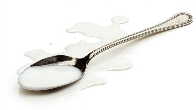 A silver spoon rests on a white surface with milk pooled beside it. The composition highlights the contrast between the metal and the liquid against the clean background