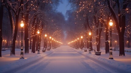 Winter Pathway Illuminated by Street Lamps