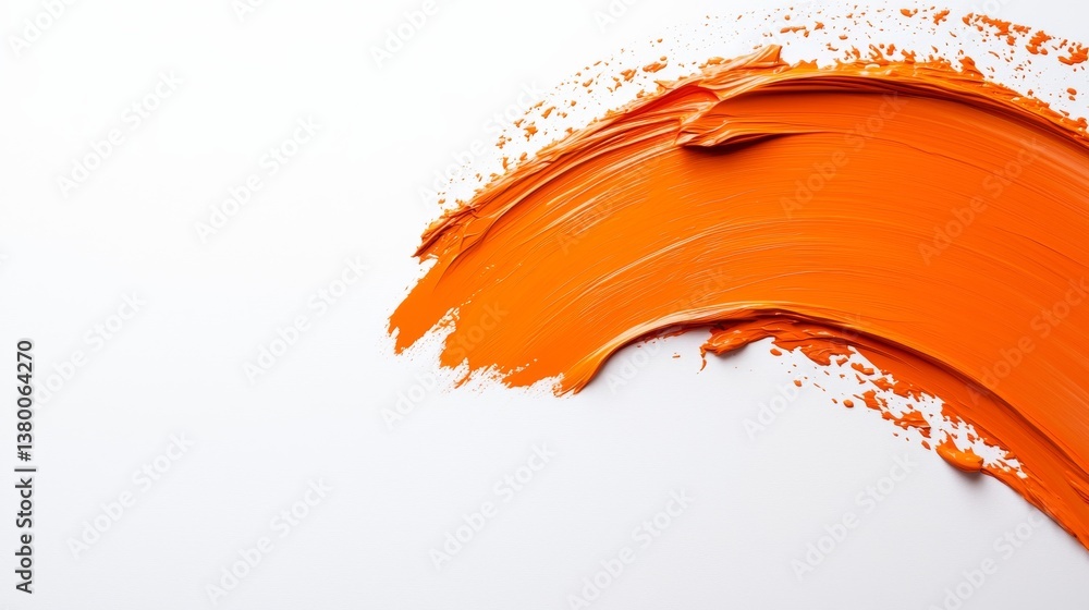 Aufkleber Close-up view of a vibrant orange paint stroke on a clean white surface, featuring subtle textures and shadows, perfect for design and artistic applications