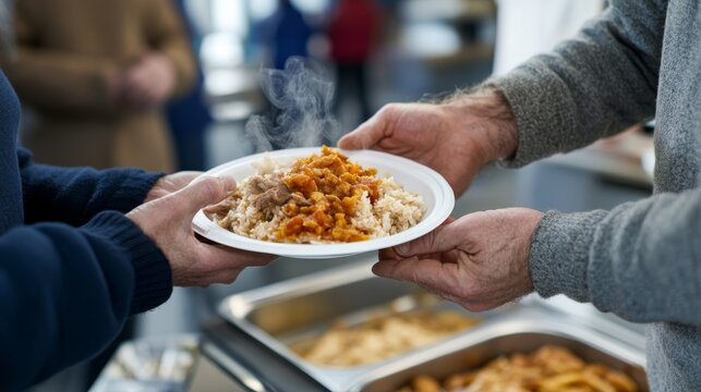 Volunteer serves a steaming plate of food to a recipient in a community kitchen, capturing the warmth and connection between those helping and those receiving