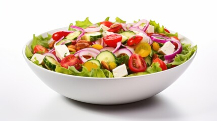 A vibrant salad filled with fresh lettuce, cherry tomatoes, cucumbers, red onions, and nuts is displayed in a white bowl. The bright colors create an appetizing look appealing for meals