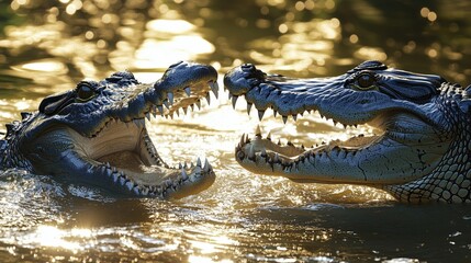 Two powerful crocodiles lock eyes in a tense mid water clash, their open jaws frozen in a dramatic moment beneath the sunlit ripples.
