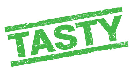 TASTY text on green rectangle stamp sign.