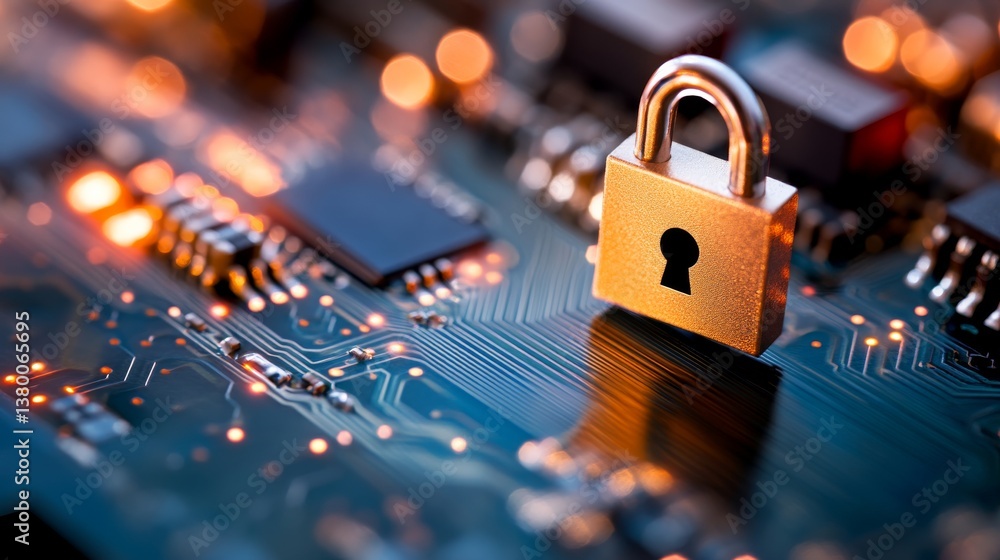 Poster Close-up view features a digital padlock icon overlaying a glowing circuit board, representing cybersecurity and encryption against a blue and black background