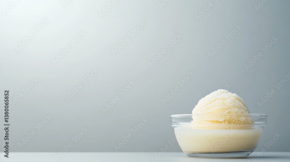 Poster close up view of a perfectly shaped scoop of vanilla ice cream in a clear glass bowl. soft lighting 