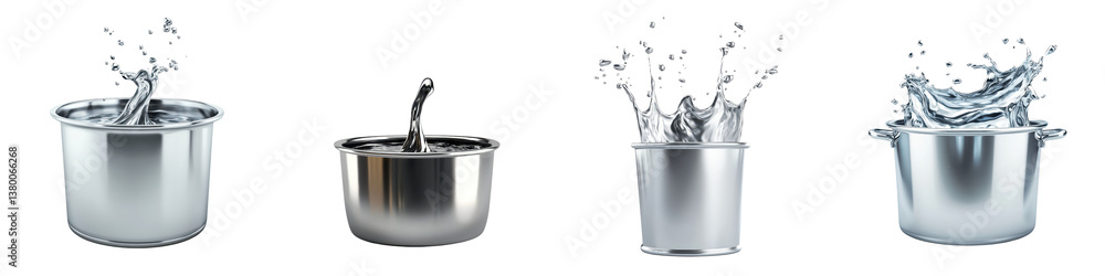 Poster splashing and pouring water inside a shiny reflective metallic container creating a dynamic and refr