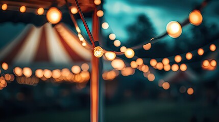 Enchanting vintage carnival lights with dreamy bokeh at twilight. A retro circus at night with a warmly lit carousel and fairy lights on blurred background with copy space