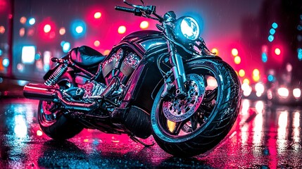 A black motorcycle sits on wet pavement in a vibrant city night