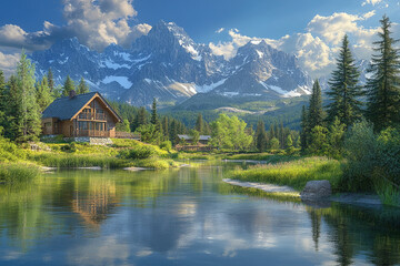 Fototapeta premium Scenic mountain view with a tranquil river and rustic cabin surrounded by forest during sunny daylight
