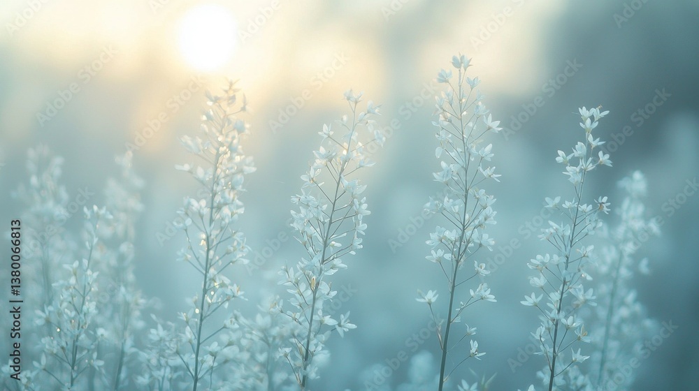 Poster softly illuminated by the fading sunlight, delicate grass flowers sway gently in the cool evening br