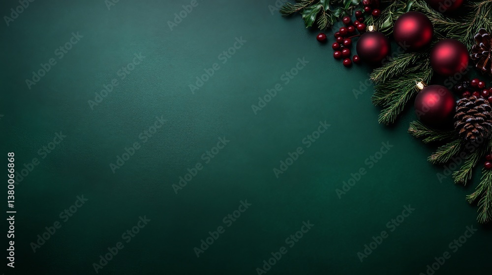 Aufkleber festive decorations including red baubles, pinecones, and greenery are elegantly arranged on a deep 