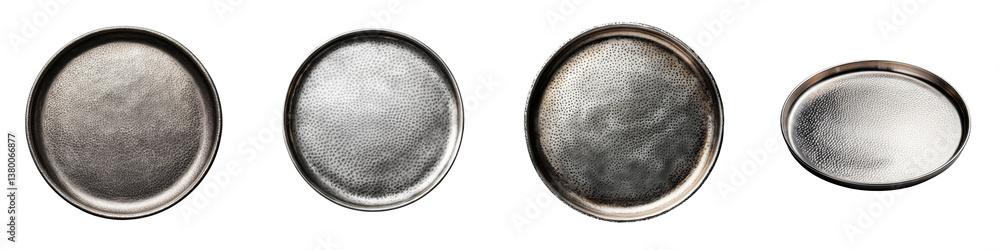 Aufkleber a collection of metallic plates or dishes showcasing a range of surface textures from smooth and shi