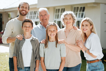 Happy, portrait and family generations in backyard of new home for bonding, connection and...