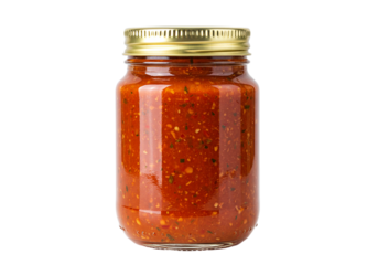 Glass jar filled rich red sauce, perfect base pasta dishes or flavorful condiment. This homemade style sauce bursts savory herbs spices. Versatile tasty sauce ready enhance your cooking creations.